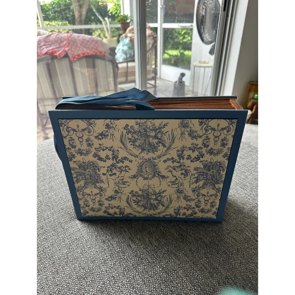 Caspari Blue Toile Cherub Alphabetical Expanding File Folder Accordion Vintage